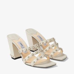 NIB Jimmy Choo Hazal 85 Latte Nappa Caged Mules With Pearl Studs In Cream